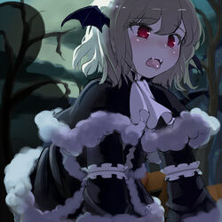  bat_wings blonde_hair blush commentary_request fangs female forest frills fur_trim hair_between_eyes head_wings latale nature neckerchief night outdoors pumpkin red_eyes saliva short_hair solo tearing_up tears tongue tongue_out vampire wings zi_(mumei) 