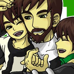  3boys aged_down aged_up beard ben_10 ben_10000 ben_10:_alien_force ben_tennyson brown_hair commentary_request facial_hair green_eyes kou_(kian) lolicon lowres male_focus multiple_boys multiple_persona omnitrix one_eye_closed open_mouth smile time_paradox 