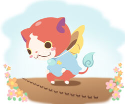  :3 ant blue_fire blue_sky blush_stickers bug chin_strap chuno commentary_request feline fire flame-tipped_tail flat_color flower hat jibanyan multiple_tails no_humans notched_ear outdoors photoshop_(medium) sky solo squatting tail two_tails white_background youkai_(youkai_watch) youkai_watch 