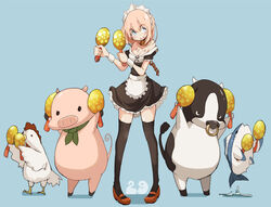  :d aqua_eyes bird black_legwear breasts bull chains chicken cleavage collar commentary_request female fish highres instrument maid maid_headdress male_chicken maracas medium_breasts music nose_piercing nose_ring off_shoulder open_mouth original photoshop_(medium) piercing pig pink_hair playing_instrument scarf short_hair smile takagi_(tansuke) tansuke thighhighs wrist_cuffs 