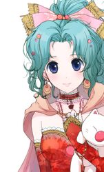  blue_eyes bow cape choker commentary_request detached_sleeves earrings elbow_gloves female final_fantasy final_fantasy_vi gloves green_hair hair_ribbon jewelry kkokko long_hair moogle pink_bow ponytail ribbon solo terra_branford 