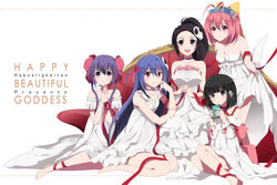  5girls ayukawa_tenri bad_id bad_pixiv_id bare_shoulders barefoot book brown_eyes brown_hair choker couch dress elysia_de_lute_ima eunram flower frills hair_flower hair_ornament haqua_d&#039;rot_herminium kami_nomi_zo_shiru_sekai long_hair looking_at_viewer multiple_girls nakagawa_kanon open_mouth own_hands_together photoshop_(medium) pink_eyes purple_eyes red_eyes ribbon shiomiya_shiori short_hair sitting skull_hair_ornament white_dress 