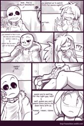  black_and_white calves clothed clothing comic female female_frisk female_human frisk human kayla-na male male/female monster movie_night_(kayla-na) sans sansscham skeleton straight thighs undertale 