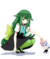  arms_up bad_id bad_pixiv_id blunt_bangs blush bow expressionless eyebrows female gatchaman_crowds green_eyes green_hair green_legwear hairbow haluka_(aixioo) highres long_hair looking_down looking_up miya_utsutsu open_mouth paiman panda pantyhose photoshop_(medium) polka_dot polka_dot_legwear school_uniform shadow shoes solid_oval_eyes squatting very_long_hair water watering_can white_background 