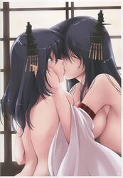  akatsuki_(ownpace) bare_shoulders black_hair breasts closed_eyes fusou_(kantai_collection) japanese_clothes kantai_collection kimono kissing large_breasts long_hair multiple_girls red_eyes yamashiro_(kantai_collection) yuri 