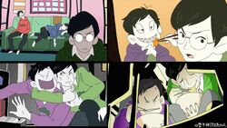  4boys anger_vein bad_id bad_twitter_id black_hair brothers chopsticks couch eating food glasses grin happy_tears holding holding_chopsticks hood hoodie lying male_focus matsuno_choromatsu matsuno_ichimatsu matsuno_karamatsu matsuno_osomatsu messy_hair multiple_boys noodles on_side osomatsu-kun osomatsu-san osomatsu_(series) parody parted_bangs ramen sharp_teeth siblings smile squatting style_parody tears teeth yai_(hachihito) yojouhan_shinwa_taikei 