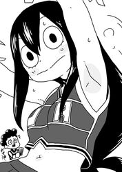  1boy :&gt; armpits arms_up asui_tsuyu blush boku_no_hero_academia cheering cheerleader commentary_request female greyscale hair_rings long_hair low-tied_long_hair mineta_minoru monochrome navel o_den pom_pom_(cheerleading) simple_background skirt solo_focus sweat tank_top u.a._cheerleader_uniform white_background wide-eyed 