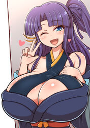  bare_shoulders blue_eyes borrowed_character breasts cleavage female female heart highres huge_breasts indoors japanese_clothes looking_at_viewer one_eye_closed open_mouth ponpo purple_hair side_ponytail solo standing upper_body v wink yukata 