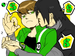  2boys bags_under_eyes ben_10 ben_10:_alien_force ben_tennyson black_hair brown_hair commentary_request green_eyes green_jacket jacket kevin_levin kissing kissing_neck kokeka-ki layered_sleeves long_sleeves male_focus multiple_boys omnitrix photoshop_(medium) short_hair short_over_long_sleeves short_sleeves spoken_dollar_sign yaoi 