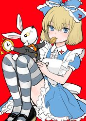  absurdres alice_(alice_in_wonderland) alice_(alice_in_wonderland)_(cosplay) alice_in_wonderland analog_clock animal apron banira_(oocooocooocoo) black_footwear black_jacket black_suit blonde_hair blue_bow blue_dress blue_eyes bow buttons clock closed_mouth collared_dress collared_shirt commentary cookie cosplay dress emblem english_text feeding female food food_in_mouth formal frilled_bow frilled_dress frills girls_und_panzer grey_thighhighs hairbow heart highres holding holding_animal holding_pocket_watch jacket katyusha_(girls_und_panzer) lapels long_sleeves looking_at_viewer maid_apron mary_janes monocle multicolored_necktie necktie orange_necktie pocket_watch puffy_short_sleeves puffy_sleeves red_background round_eyewear shirt shoes short_dress short_hair short_sleeves simple_background sitting striped_clothes striped_necktie striped_thighhighs suit suit_jacket thighhighs two-tone_thighhighs watch white_rabbit_(alice_in_wonderland) white_shirt white_thighhighs white_trim yellow-framed_eyewear yellow_necktie 