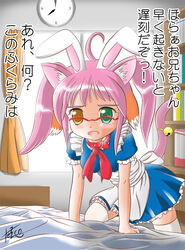  ahoge all_fours animal_ears apron arai_tetsuko arm_support ascot bed bed_sheet bell bookshelf borrowed_character breasts cat_ears cat_tail clock collar commentary_request curtains dog_ears dress extra_ears female frills glasses green_eyes heterochromia large_breasts long_hair maid moriko_misugi open_mouth original over-rim_eyewear pink_hair rabbit_ears rabbit_tail red-framed_eyewear red_eyes semi-rimless_eyewear short_sleeves signature solo tail tail_bell tail_ornament thighhighs twintails ultimate_moe white_thighhighs 