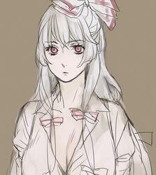  alternate_hairstyle asakura_noi bow breasts brown_background cleavage collared_shirt commentary_request female fujiwara_no_mokou grey_hair hairbow large_breasts long_hair long_sleeves looking_at_viewer open_clothes open_shirt parted_lips pink_lips puffy_long_sleeves puffy_sleeves red_eyes shirt sidelocks simple_background solo touhou upper_body very_long_hair 