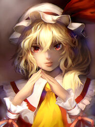  ascot blonde_hair commentary_request female fingernails fingers_together flandre_scarlet frills hair_between_eyes hair_over_shoulder hat hat_ribbon highres kinketsu lips long_fingernails long_hair looking_at_viewer mob_cap nail_polish one_side_up parted_lips red_eyes red_nails red_ribbon ribbon shade sharp_fingernails solo touhou upper_body 