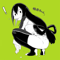  ! :&gt; ass asui_tsuyu bodysuit boku_no_hero_academia bow-shaped_hair character_name commentary_request female frog_girl from_behind gloves green_background hair_rings long_hair looking_back low-tied_long_hair nabana_(bnnbnn) simple_background solo squatting tongue tongue_out webbed_feet wet 