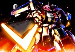  banchengping@126 black_background commentary_request embers glowing gundam gundam_build_fighters looking_at_viewer looking_down mecha no_humans robot solo sword weapon zaku zaku_amazing zaku_ii 