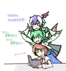  3girls :d ;o alternate_hair_length alternate_hairstyle arm_garter bat_wings black_dress blue_dress blue_eyes blush book bow commentary_request daiyousei dress dress_shirt eyelashes fairy_wings feathers grabbing_another&#039;s_wing green_hair hairbow happy head_on_head head_rest head_wings holding holding_book horns human_tower juliet_sleeves koakuma long_sleeves low_wings multicolored_hair multiple_girls necktie one_eye_closed open_book open_mouth photoshop_(medium) puffy_short_sleeves puffy_sleeves purple_hair reading red_eyes red_hair red_wings shirt short_hair short_sleeves side_ponytail sidelocks simple_background single_head_wing single_wing sitting smile stacking table tokiko_(touhou) touhou translation_request tren two-tone_hair v-shaped_eyebrows vest white_background white_hair white_shirt wide_sleeves wings 