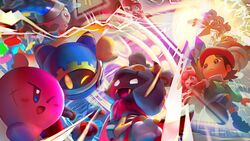  adeleine attack battle beak beret blue_eyes business_suit_(kirby) crystal energy_barrier energy_shield fangs flamberge_(kirby) flying francisca_(kirby) glowing glowing_eyes gun hat highres king_dedede kirby kirby:_star_allies kirby_(series) looking_at_another looking_up magolor marx_(kirby) mecha official_art one_eye_closed open_mouth red_headwear ribbon_(kirby) robot scar smile source_request susie_(kirby) taranza teamwork weapon yellow_eyes zan_partizanne 