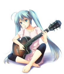  acoustic_guitar ahoge aqua_hair barefoot capri_pants commentary_request female full_body green_eyes guitar hatsune_miku highres instrument long_hair minakami_nagara music pants photoshop_(medium) playing_instrument simple_background sitting solo twintails very_long_hair vocaloid white_background 