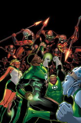  2boys 3girls alien arisia_rrab black_hair blonde_hair blue_skin bodysuit boots dark_skin dc_comics flying goggles goggles_on_head green_lantern green_lantern_(series) green_shoes john_stewart kilowog multiple_boys multiple_girls open_mouth pointy_ears shoes skirt sleeveless space spear strapless tentacle_hair weapon xrill-vrek 