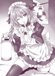  2boys ;) apron astolfo_(fate) ayakawa_riku blush braid commentary_request crossdressing dress fate/apocrypha fate/grand_order fate_(series) finger_to_mouth fujimaru_ritsuka_(male) hair_ribbon long_hair looking_at_viewer maid maid_apron maid_headdress male_focus male_maid multiple_boys official_alternate_costume one_eye_closed otoko_no_ko ribbon short_hair signature single_braid smile thighhighs twitter_username 