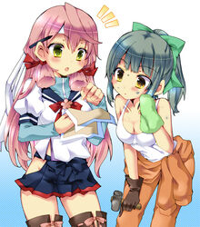  2girls akashi_(kancolle) bad_id bad_pixiv_id bare_hips bare_shoulders bow breasts cleavage commentary_request gloves green_eyes grey_hair groin hairbow hammer hand_on_own_knee headband hip_vent kantai_collection leaning_forward long_hair medium_breasts multiple_girls open_mouth pen pink_hair ponytail school_uniform serafuku skirt tank_top thighhighs towel yoroi_nau yuubari_(kancolle) zettai_ryouiki 