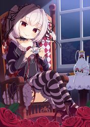  :p chair collarbone commentary_request crossed_legs cup female flower gothic_lolita grey_hair hapymaher highres indoors lolita_fashion muku_(muku-coffee) naitou_maia night red_eyes rose sitting slit_pupils solo striped_clothes striped_thighhighs tail teacup teapot thighhighs tongue tongue_out window 