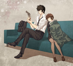  1boy black_hair borrowed_clothes brown_hair cigarette commentary_request couch female gun head_on_another&#039;s_shoulder highres hitomi_aki jacket kougami_shin&#039;ya leaning_on_person pantyhose photoshop_(medium) psycho-pass revolver ruger_sp101 sitting sleeping sleeping_on_person sleeping_upright smoke smoking tsunemori_akane unworn_jacket weapon 