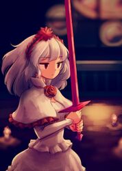  candle commentary_request dazed dress female fennel_(momodora) flower hairband holding holding_sword holding_weapon long_hair makaroll md5_mismatch momodora:_reverie_under_the_moonlight red_eyes rose solo stain stained_glass sword weapon white_dress white_hair 