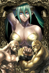  2boys abs adon_(cho_aniki) armpits bald bare_shoulders benten_(cho_aniki) biceps blue_eyes breasts cho_aniki cleavage clenched_hand commentary_request cuffs elbow_gloves female gloves green_hair grin hairpods highres large_breasts long_hair multiple_boys muscular pasties pointy_ears samson shackles shiny_skin smile sweat tan twintails zunta 