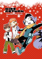  2boys aged_down alien alternate_costume bad_id bad_pixiv_id ben_10 ben_10:_omniverse ben_tennyson brown_hair colored_sclera female green_eyes gwen_tennyson hair_ornament hairclip makoitsu_(makkoi) multiple_boys omnitrix open_mouth orange_hair pointy_ears red_eyes rook_blonko scarf short_hair skirt tail yellow_sclera 