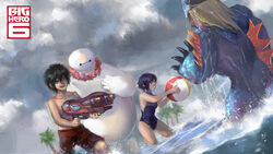  2boys ball baymax beach beachball big_hero_6 black_hair blue_sky cloud costume disney female flower flower_necklace fred_(big_hero_6) gogo_tomago hiro_hamada logo ly_hao_nguyen marvel multiple_boys necklace palm_tree robot short_hair sky swimsuit water water_gun 