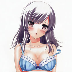  absurdres blue_bra blush bra breasts brown_eyes character_request cleavage collarbone female head_tilt highres long_hair looking_at_viewer medium_breasts minamihama_yoriko off_shoulder open_mouth photoshop_(medium) silver_hair simple_background solo underwear underwear_only upper_body white_background 