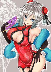  alternate_costume alternate_hairstyle armpits black_gloves black_ribbon blue_eyes breasts bun_cover china_dress chinese_clothes cleavage cleavage_cutout closed_mouth clothing_cutout commentary_request covered_navel cowboy_shot double_bun dress eyebrows eyes_visible_through_hair female folding_fan frills fur_trim garter_straps gloves grey_background hair_between_eyes hair_bun hair_ornament hair_over_one_eye hair_up hairclip hamakaze_(kancolle) hand_fan holding holding_fan kantai_collection large_breasts looking_at_viewer patterned_background red_dress ribbon shawl side_slit sideboob sin_(kami148) sleeveless sleeveless_dress smile solo 