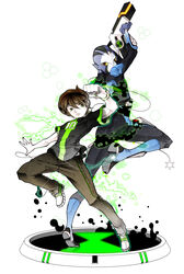  2boys absurdres alien back-to-back ben_10 ben_10:_omniverse ben_tennyson boots bridget00747 brown_hair colored_sclera commentary_request green_eyes gun highres male_focus multiple_boys omnitrix photoshop_(medium) pointy_ears red_eyes rook_blonko weapon yellow_sclera 