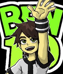  1boy ben_10 ben_tennyson brown_hair commentary_request copyright_name green_eyes kou_(kian) lowres male_focus omnitrix open_mouth outstretched_arm smile solo upper_body 