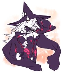  bare_shoulders black_sclera blazblue breasts cleavage female hair_over_one_eye hat hourglass_figure konoe_a_mercury phantom_(blazblue) witch_hat yellow_eyes 