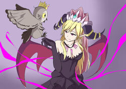  bad_id bad_pixiv_id bare_shoulders bird bird_on_hand black_dress black_gloves blonde_hair blurry breasts cleavage collarbone crown demon_wings den_(kur0_yuki) depth_of_field dress elbow_gloves evolution female gloves gradient_background horns jewelry lilith_(p&amp;d) long_hair magic medium_breasts necklace off-shoulder_dress off_shoulder owl photoshop_(medium) pink_eyes pointy_ears puzzle_&amp;_dragons solo very_long_hair wings 