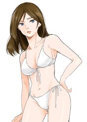  absurdres ass_visible_through_thighs banira_(oocooocooocoo) bikini black_hair blue_eyes breasts cleavage commentary cowboy_shot crotch_seam female front-tie_bikini_top front-tie_top girls_und_panzer hand_on_own_hip highres leaning_to_the_side long_hair looking_at_viewer medium_breasts navel nonna_(girls_und_panzer) parted_lips side-tie_bikini_bottom simple_background solo standing swept_bangs swimsuit white_background white_bikini 