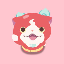  chuno commentary_request fangs feline flat_color from_above haramaki jibanyan looking_up multiple_tails no_humans notched_ear open_mouth photoshop_(medium) pink_background simple_background solo tail two_tails youkai_(youkai_watch) youkai_watch 