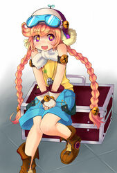  :d armband bare_shoulders boots braid commentary_request engineer_(latale) female fingerless_gloves fur_trim gloves goggles goggles_on_head goggles_on_headwear highres jewelry latale necklace oerba_yun_fang open_mouth orange_hair purple_eyes shorts smile solo star-shaped_pupils star_(symbol) symbol-shaped_pupils twin_braids v_arms zi_(mumei) 