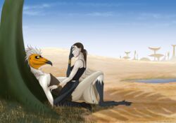  2017 4_eyes accipitrid accipitriform anthro ascar_angainor avian bird cuddling duo egyptian_vulture female female_on_anthro grass human human_on_anthro interspecies mammal multi_eye neophron old_world_vulture plant tree vulture water 