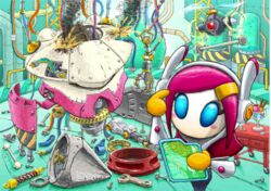  blue_eyes business_suit_(kirby) commentary desk electric_plug english_commentary female finger_to_face food hair_ornament hairclip holographic_interface ice_cream kirby:_planet_robobot kirby:_star_allies kirby_(series) mecha official_art pink_hair rayman_limbs repairing robot science_fiction screw smoke solo spoon susie_(kirby) transporter_(kirby) wire wrench 