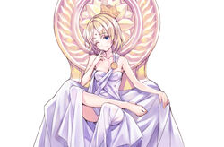  ;) bare_shoulders barefoot bindi blonde_hair blue_eyes blush breasts buddhism butsuzou_collection cleavage commentary_request crown earrings facial_mark female forehead_mark hankafumisage hankashii jewelry looking_at_viewer matsuryuu medium_breasts one_eye_closed original photoshop_(medium) robe short_hair sitting smile solo 