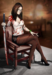  bad_hentai-foundry_id bad_id blood bracelet breasts brown_hair chair cherry-gig cleavage crossed_legs female full_body gina_foley grey_eyes high_heels jewelry katana lips long_hair medium_breasts pantyhose photoshop_(medium) resident_evil resident_evil:_revelations_2 sitting smile solo sword weapon 