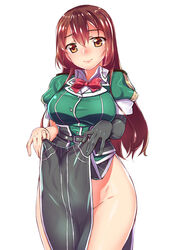  belt black_gloves black_skirt bow bowtie breasts brown_eyes brown_hair chiha_(abo_ecm_mk25) chikuma_(kancolle) chikuma_kai_ni_(kancolle) clothes_lift commentary_request elbow_gloves female gloves groin hair_between_eyes highres kantai_collection large_breasts lifting_own_clothes light_smile lips long_hair long_skirt no_panties pelvic_curtain puffy_short_sleeves puffy_sleeves short_sleeves side_slit single_glove skirt skirt_lift smile solo straight_hair thighs twintails 