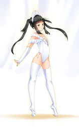  black_hair colorized commentary_request female flat_chest goma_azarasi leotard long_hair original solo thighhighs tiptoes 