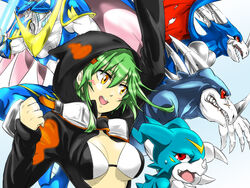  aeroveedramon armor bike_shorts bikini bikini_top black_jacket blue_armor breasts digimon dragon dragon_wings energy_sword female female full_armor goggles goggles_around_neck green_hair horns jacket monster orange_eyes shinomiya_rina short_hair smile straight swimsuit sword ulforceveedramon underboob unzipped veedramon veemon weapon wings 