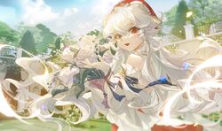  :d absurdres animal_ears arknights bare_shoulders bear_ears blue_eyes blush bouquet day detached_collar detached_sleeves dress female flower from_behind hat heterochromia highres holding holding_bouquet long_hair long_sleeves looking_at_viewer looking_back official_alternate_costume open_mouth outdoors park petals red_eyes red_hat rosa_(arknights) rosa_(masterpiece)_(arknights) rose smile solo tassel tuzhate upper_body very_long_hair white_dress white_flower white_hair white_rose 