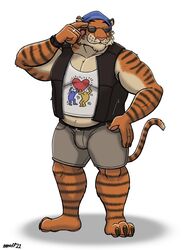  3:4 absurd_res anthro bandana bottomwear bulge clothed clothing countershading eyewear felid hi_res keith_haring kerchief male mammal mature_male miles_(nanoff) musclegut muscular muscular_male nanoff pantherine piercing ring shirt shorts solo sunglasses tank_top tiger topwear vest 