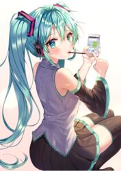  absurdres aina_156cm aqua_eyes aqua_hair bare_shoulders black_footwear black_skirt black_sleeves blush boots cellphone commentary detached_sleeves female food food_in_mouth from_behind green_nails grey_shirt hatsune_miku headphones highres holding holding_phone ios_(os) iphone line_(naver) long_hair long_sleeves looking_at_viewer looking_back miniskirt mouth_hold nail_polish phone pink_lips pleated_skirt pocky shirt sitting skirt smartphone solo thigh_boots thighhighs twintails very_long_hair vocaloid zettai_ryouiki 